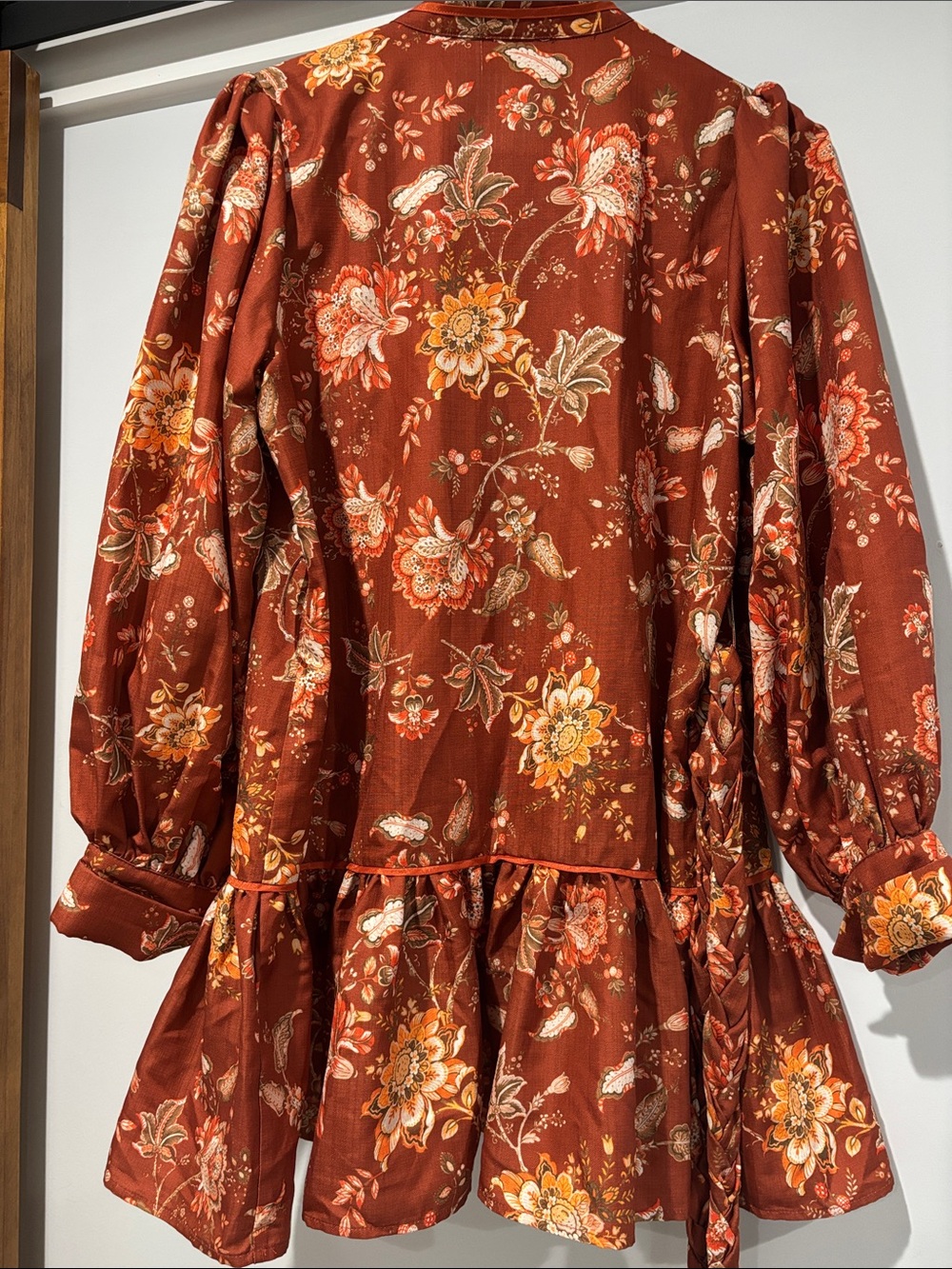 L'ATISTE Rust Floral Long-Sleeve Mini Dress with Waist Tie - Picture 6 of 7